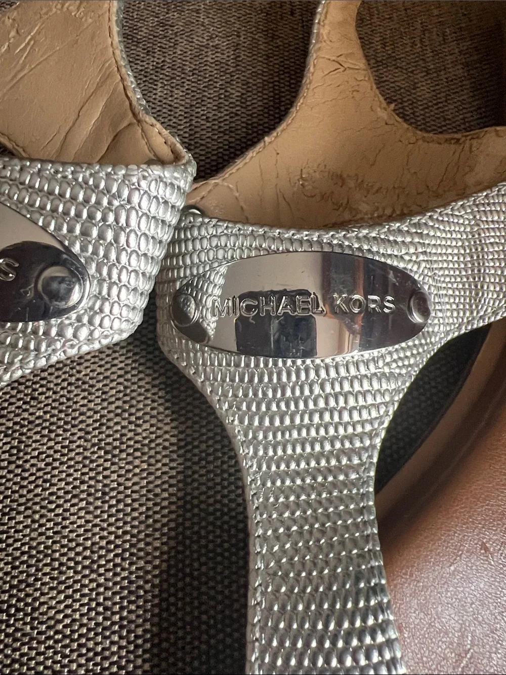 Michael Kors Silver Metallic Thong Sandals with Brown Footbed